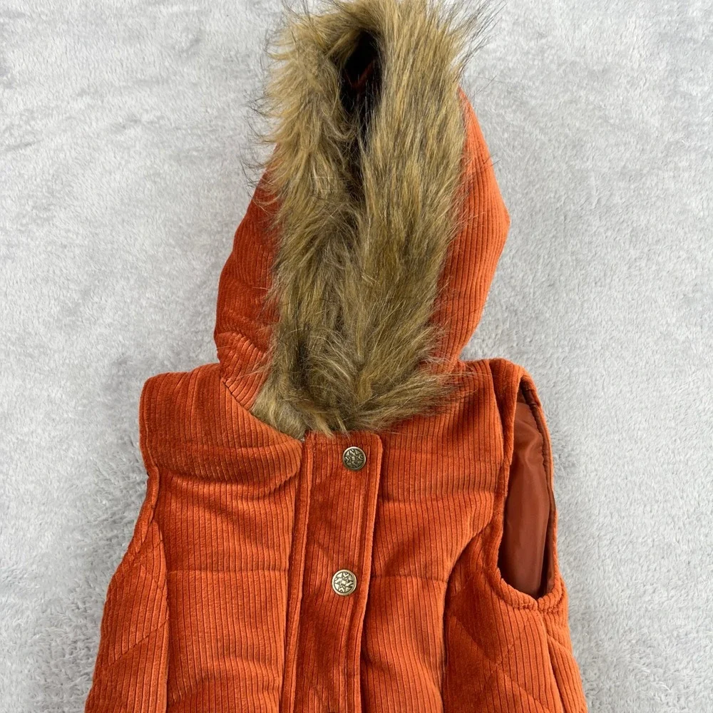 Nicole Miller Corduroy Puffer Vest 2T Orange Women Faux Fur Hood Quilted Zip